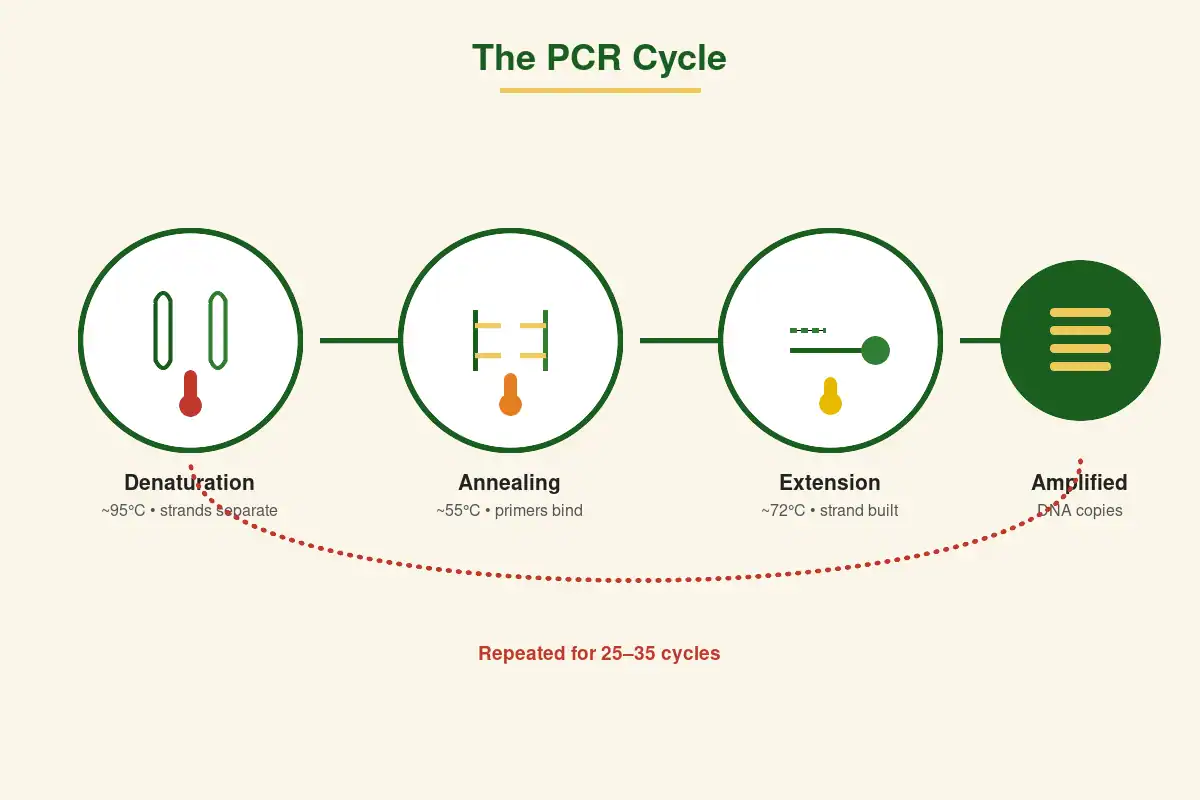 PCR cycle diagram showing the four steps of polymerase chain reaction: denaturation at 95°C, annealing at 55°C, extension at 72°C, and amplified DNA result