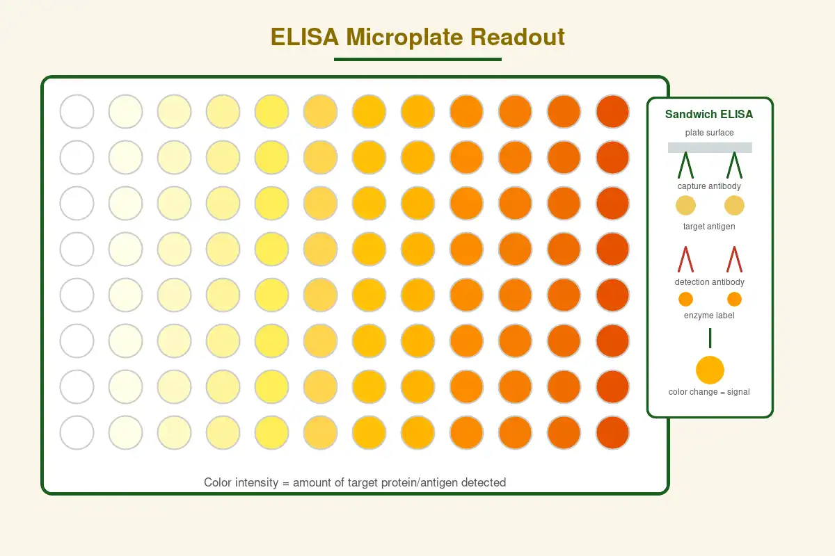 ELISA 96-well microplate diagram with color-gradient readout and an inset schematic of the sandwich ELISA antibody-antigen-antibody structure