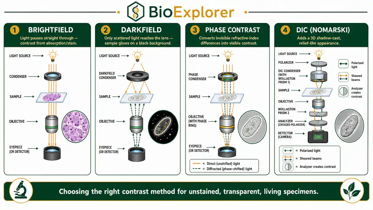Diagram comparing brightfield, darkfield, phase contrast, and DIC microscopy — showing the light path through the condenser, sample, and objective for each contrast method, with example micrographs for each.