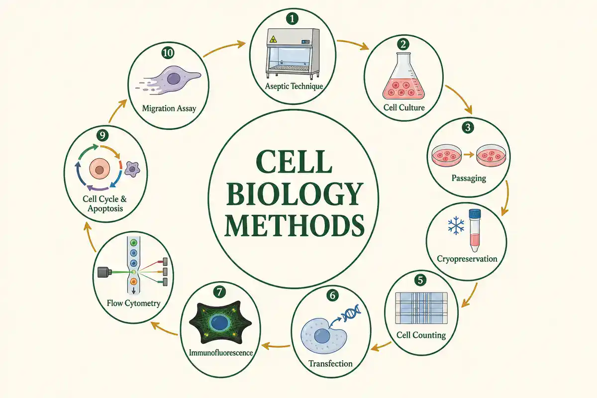 Circular diagram with a central "Cell Biology Methods" hub linked by arrows to 10 numbered icons: a biosafety cabinet, culture flask, two petri dishes, a cryovial, a hemocytometer grid, a cell receiving a DNA strand, a glowing stained cell, a cell stream passing through a laser, a cell with circular cell-cycle arrows, and a migrating cell with a motion trail