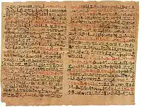 Aged papyrus scroll covered in ancient Egyptian hieratic script, written in black and red ink, documenting surgical case notes from around 1600 BCE.