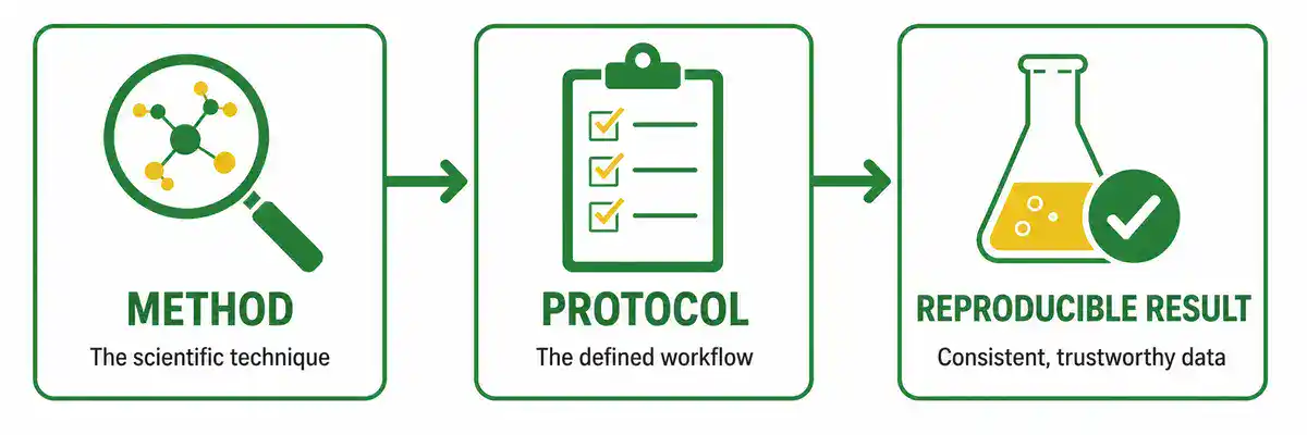 Flow diagram showing how a biochemistry method becomes a protocol that produces a reproducible result