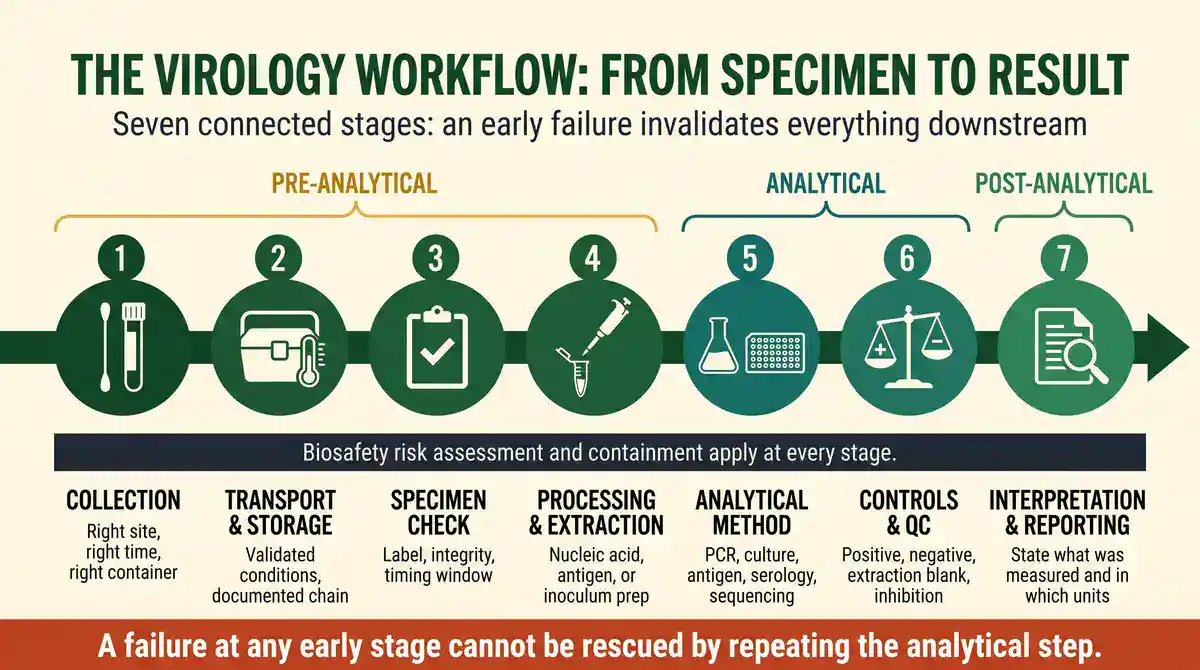 Seven-stage virology workflow from specimen to result: collection, transport and storage, specimen check, and processing and extraction are pre-analytical; analytical method and controls and QC are analytical; interpretation and reporting is post-analytical.