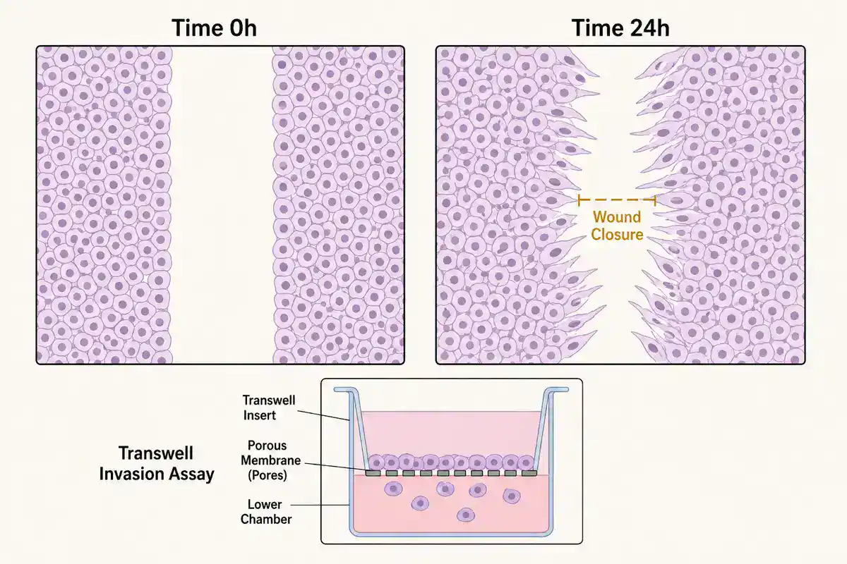 Side-by-side scratch assay panels labeled Time 0h (a monolayer with an empty vertical gap) and Time 24h (elongated, spindle-shaped cells migrating into the narrowed gap with a "Wound Closure" measurement line), plus a labeled transwell invasion assay cross-section showing the insert, porous membrane, and lower chamber