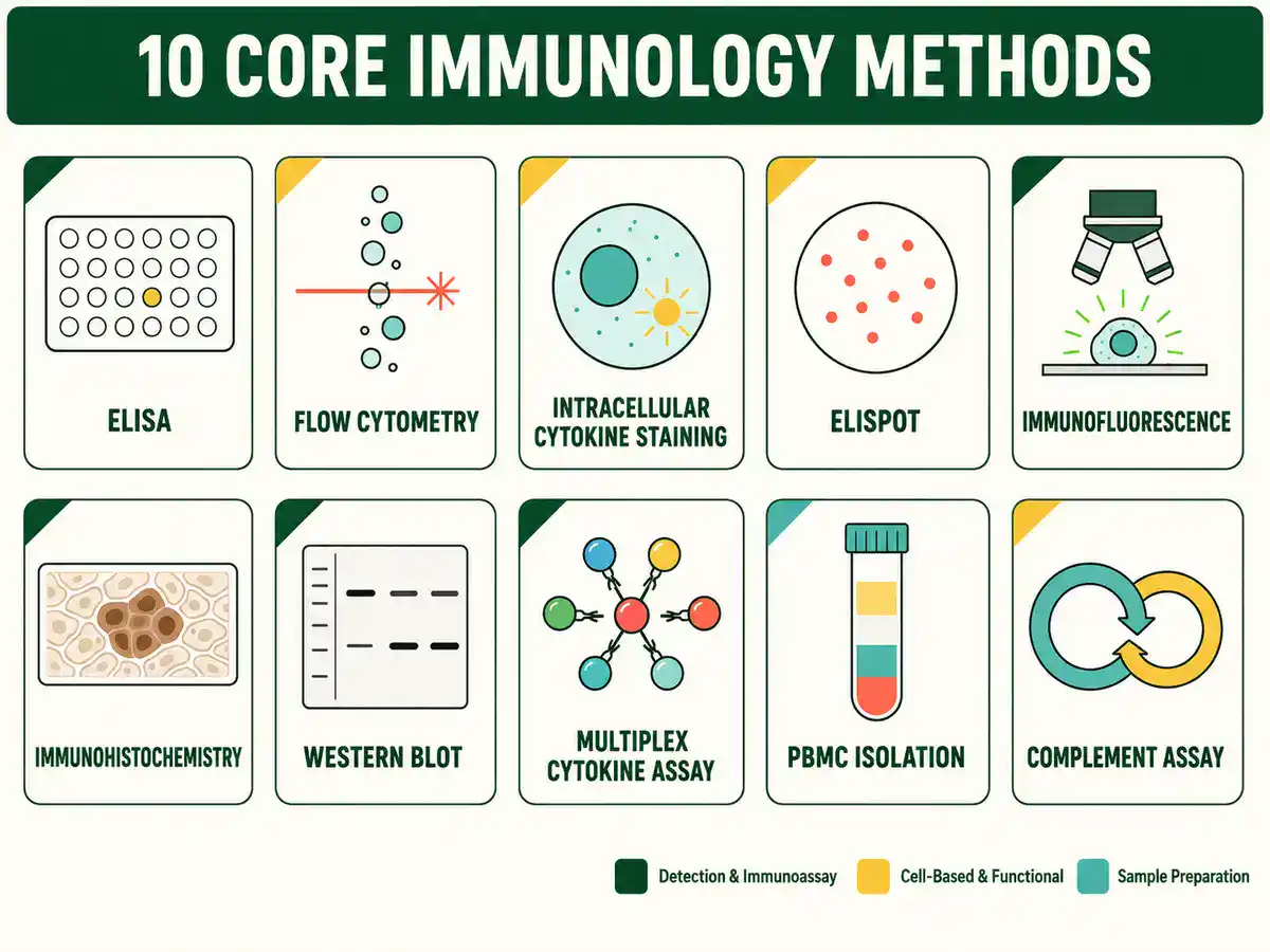 Infographic comparing ten core immunology laboratory methods including ELISA, flow cytometry, immunofluorescence, immunohistochemistry, western blot, and PBMC isolation