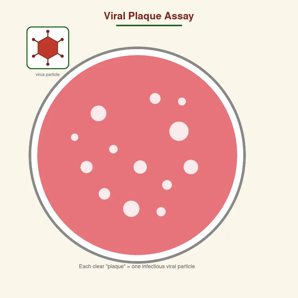 Viral plaque assay diagram showing a petri dish with a cell monolayer and clear plaques, with an inset virus particle icon