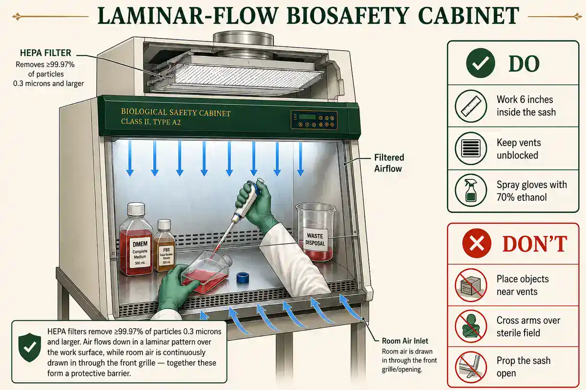 Cutaway illustration of a Class II Type A2 biosafety cabinet showing HEPA-filtered downward airflow arrows, a room-air inlet arrow at the front grille, gloved hands pipetting into a culture flask beside labeled DMEM and FBS bottles, with side-by-side "Do" and "Don't" checklists for aseptic technique
