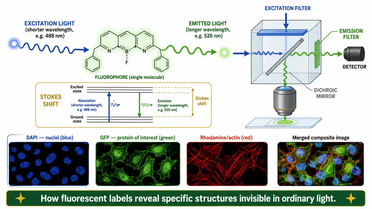 Diagram of the fluorescence microscopy principle, showing excitation and emission wavelengths, the Stokes shift, a filter cube light path, and example DAPI, GFP, and rhodamine fluorescence channels merged into a composite image.