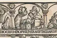 Renaissance woodcut of two robed physicians examining anatomical specimens together, depicting the pioneering dissection work of Herophilus and Erasistratus in ancient Alexandria.