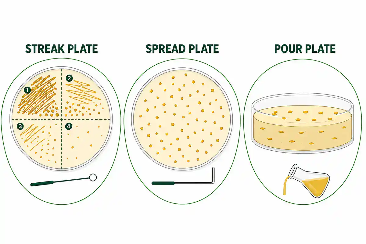 Diagram comparing streak plate, spread plate, and pour plate methods for isolating and counting bacterial colonies