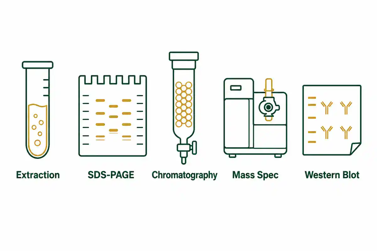 Flat icon set of five biochemistry lab methods: test tube, gel electrophoresis, chromatography column, mass spectrometer, and western blot membrane