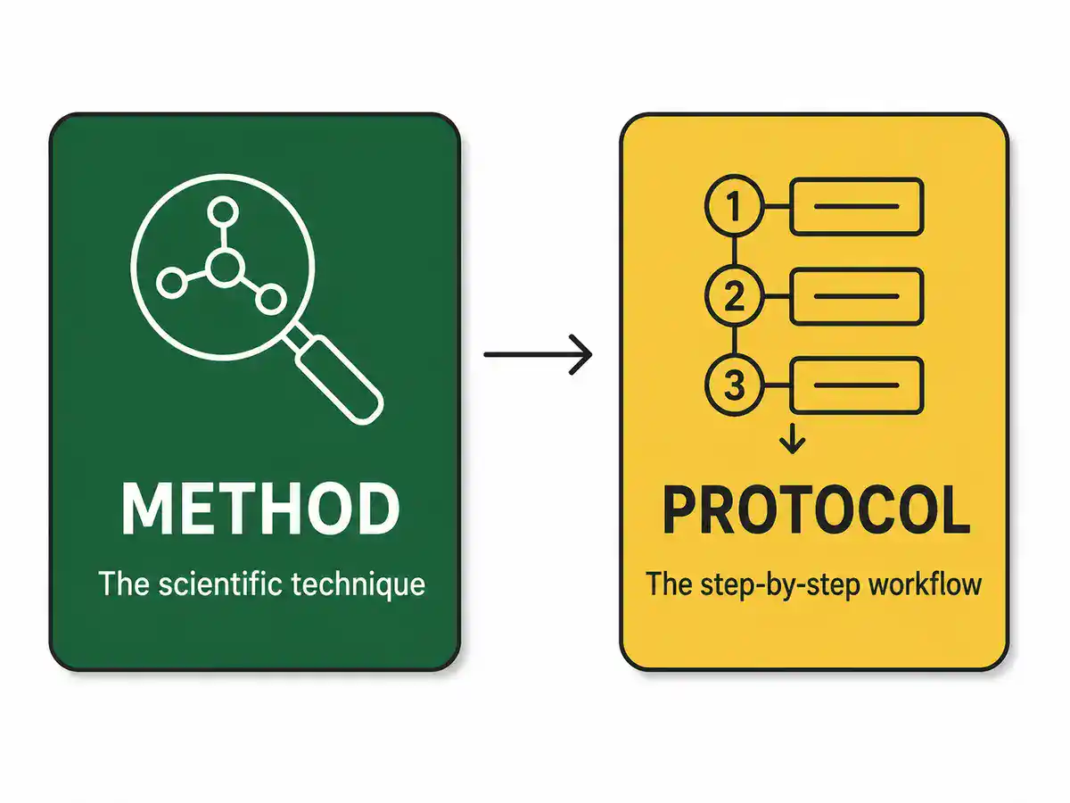Diagram comparing an immunology method (the scientific technique) with a protocol (the step-by-step lab workflow)