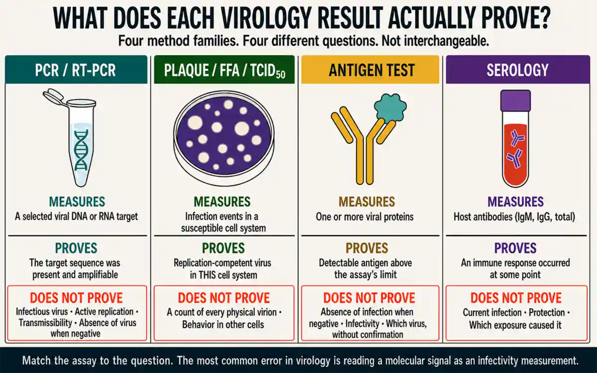 What each virology result proves: PCR detects a viral DNA or RNA target but not infectious virus; plaque, focus-forming and TCID50 assays prove replication-competent virus in that cell system but do not count virions; antigen tests detect viral protein; serology proves an immune response occurred, not current infection or protection.