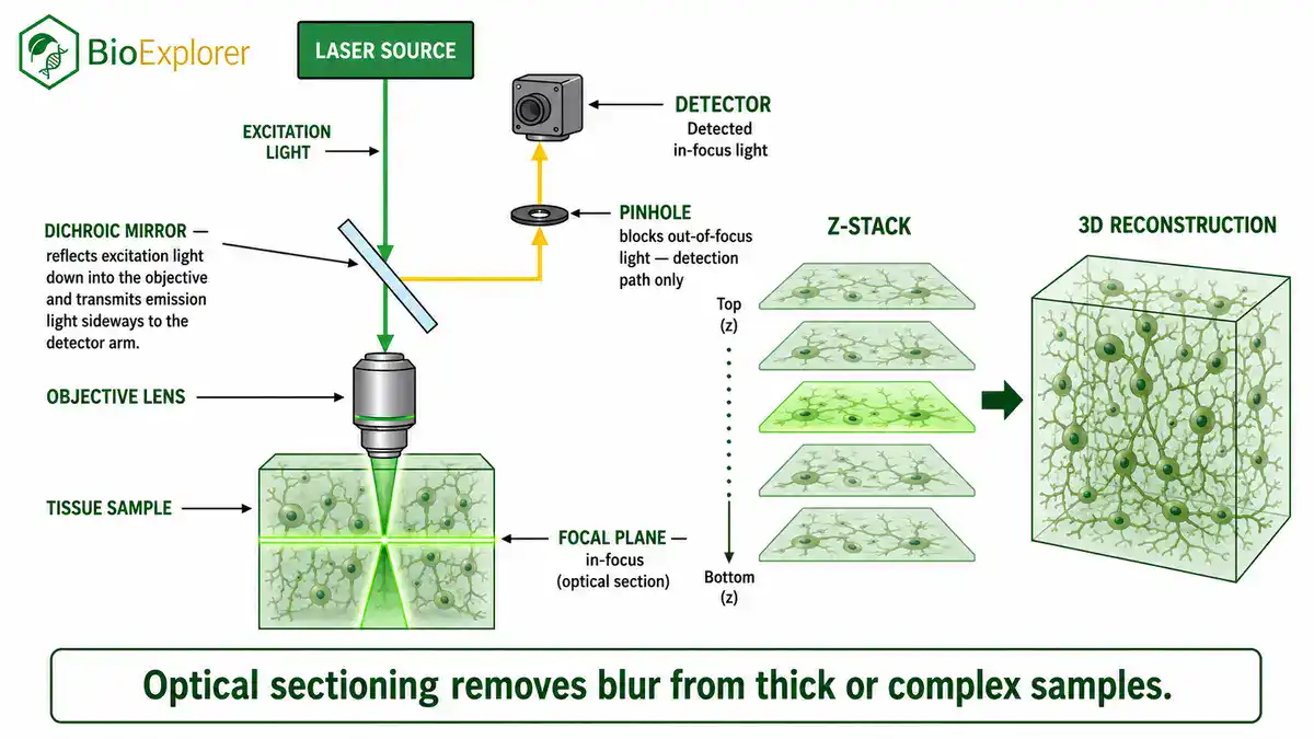 Confocal microscopy schematic showing laser excitation, the dichroic mirror, the pinhole blocking out-of-focus light, and a z-stack of optical sections combined into a 3D cell reconstruction.