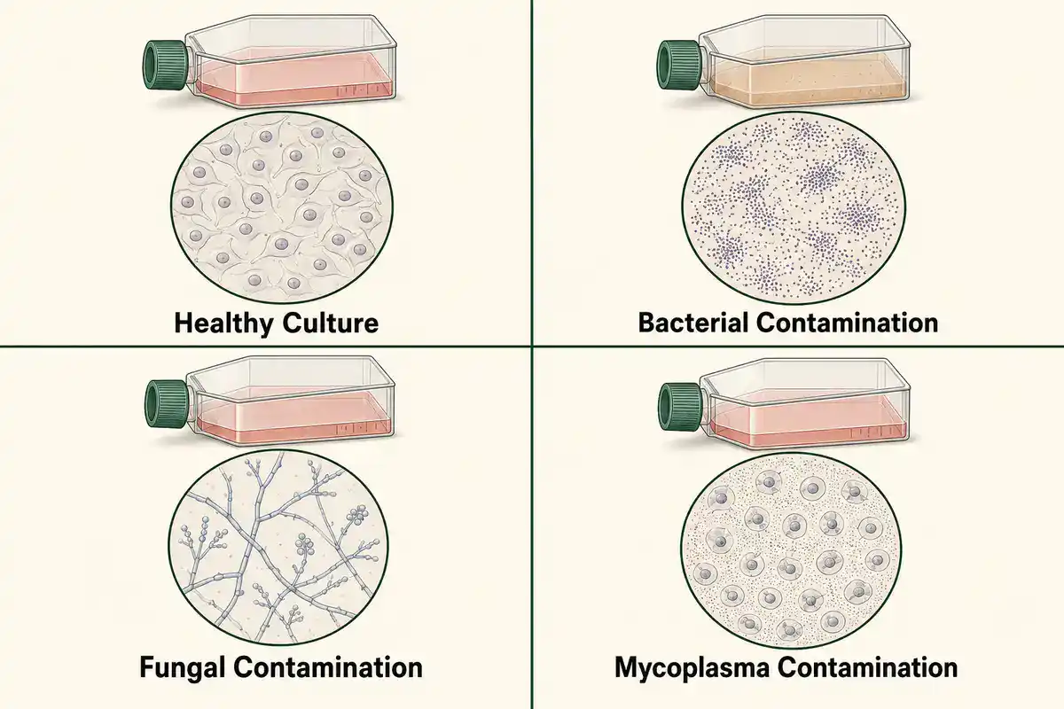 Four-panel comparison of culture flasks and their microscope views labeled Healthy Culture, Bacterial Contamination (cloudy media with dot swarms), Fungal Contamination (branching hyphae), and Mycoplasma Contamination (clear media with a subtle granular haze)
