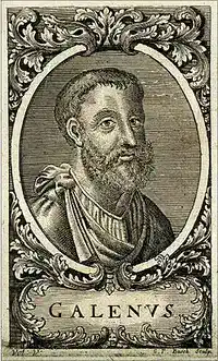 Formal engraved portrait of Galen as a bearded elder in classical robes, rendered in the ornate style of 18th-century scholarly portraiture.