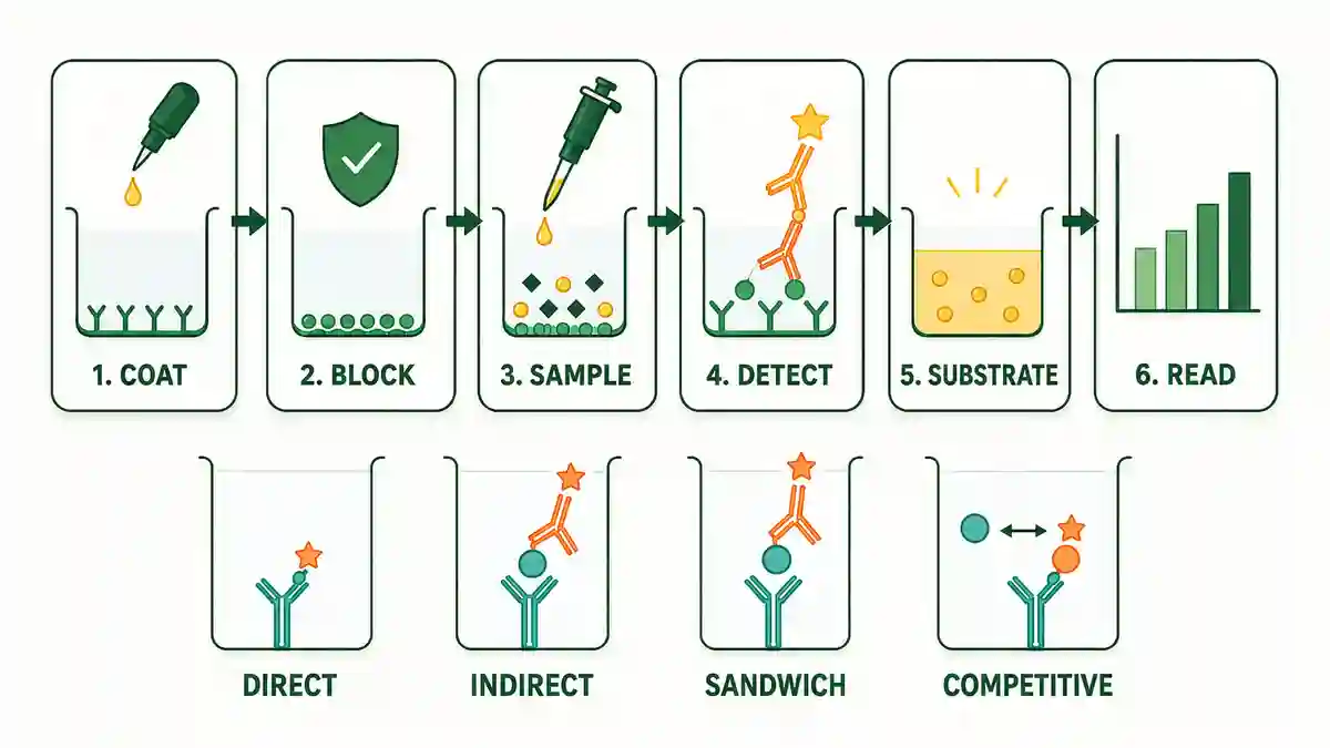 Six-step ELISA workflow infographic showing coating, blocking, sample addition, antibody detection, substrate reaction, and plate reading, with direct, indirect, sandwich, and competitive ELISA formats