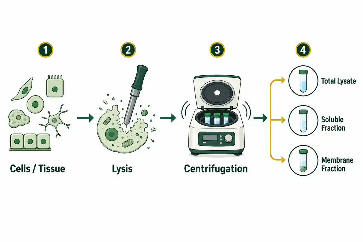 Infographic of the protein extraction workflow from cells through lysis and centrifugation to lysate, soluble, and membrane fractions