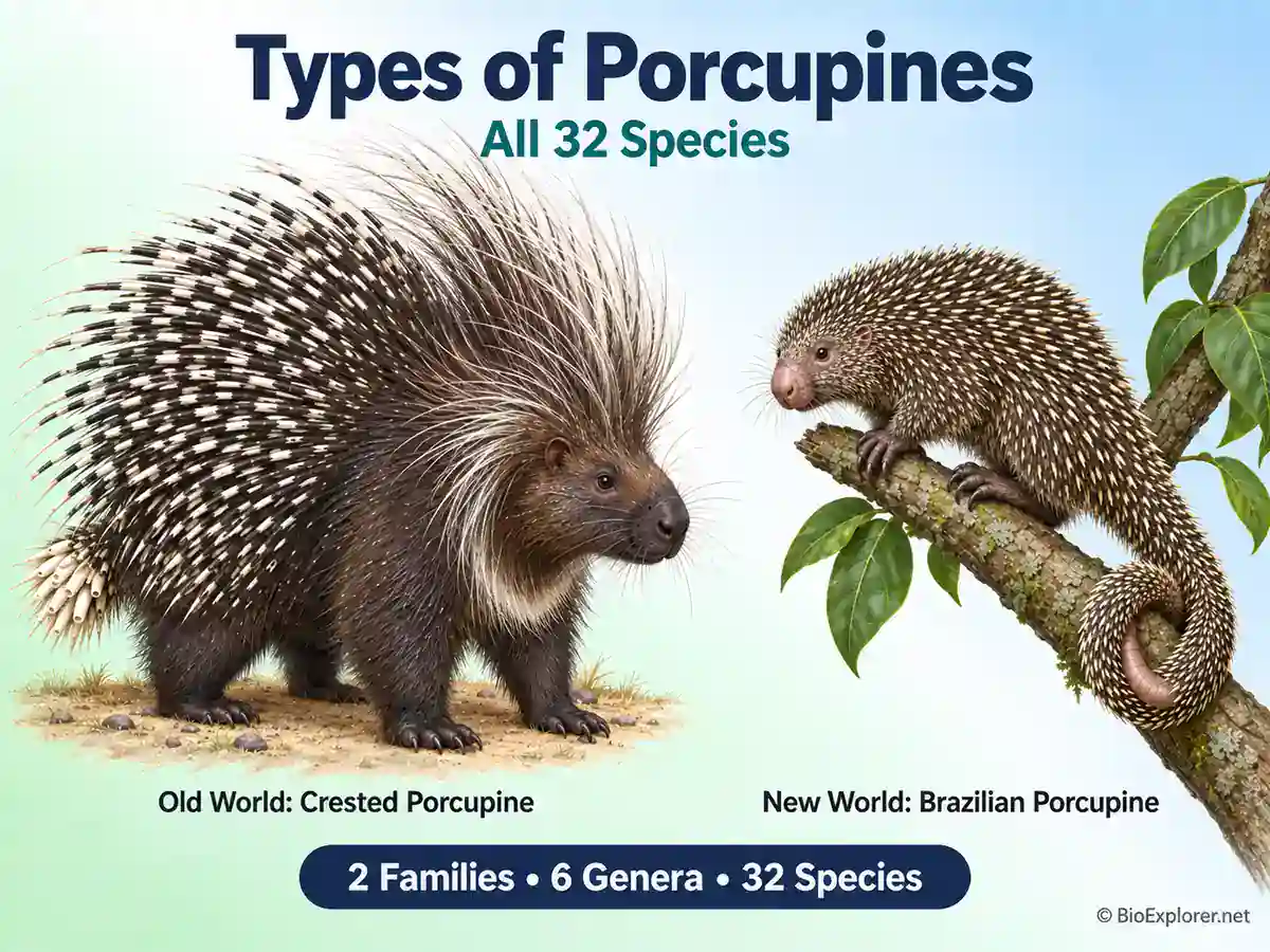 Crested Porcupine on the ground and Brazilian Porcupine gripping a branch with its prehensile tail, with the title Types of Porcupines, All 32 Species