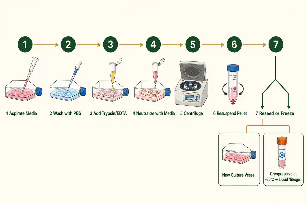 Seven-step numbered flow diagram showing a pipette aspirating media, washing with PBS, adding trypsin/EDTA, neutralizing with media, centrifuging, resuspending the pellet, then branching into reseeding a flask or cryopreserving a vial at -80°C to liquid nitrogen