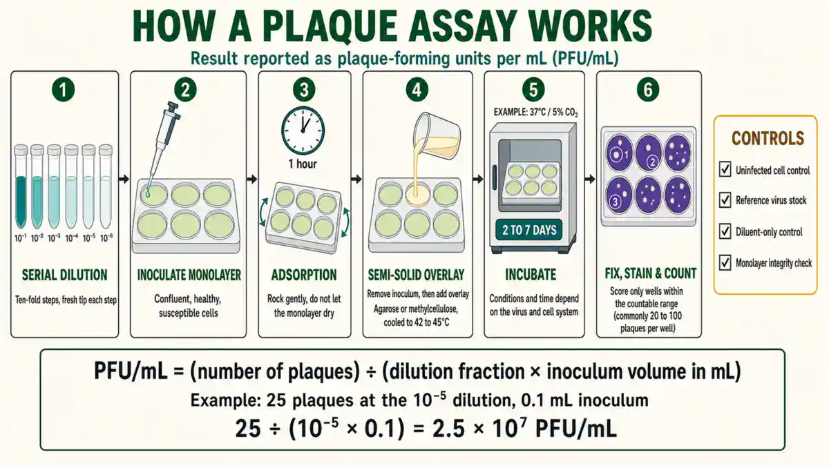How a plaque assay works in six steps: serial ten-fold dilution from 10 to the minus 1 through 10 to the minus 6, inoculation of a confluent susceptible cell monolayer, one hour adsorption, removal of inoculum and addition of a semi-solid agarose or methylcellulose overlay, incubation for two to seven days, then fixing, staining and counting plaques. PFU per mL equals the number of plaques divided by the dilution fraction multiplied by the inoculum volume in mL.
