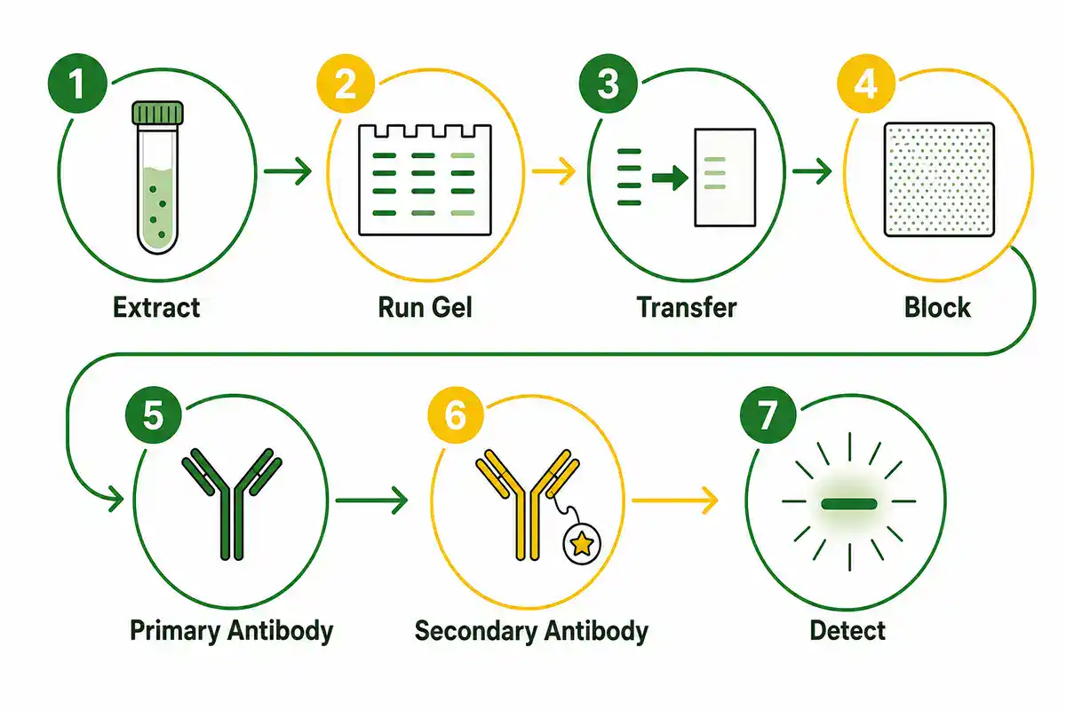 Step-by-step infographic of the western blot workflow: extract, run gel, transfer, block, primary antibody, secondary antibody, detect