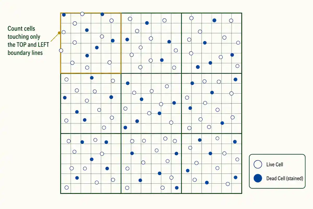 Hemocytometer grid diagram with a 3x3 large-square layout, open circles marking live cells and solid dark-blue circles marking trypan blue-stained dead cells, a gold-highlighted corner square, and a callout explaining the top-and-left boundary counting rule