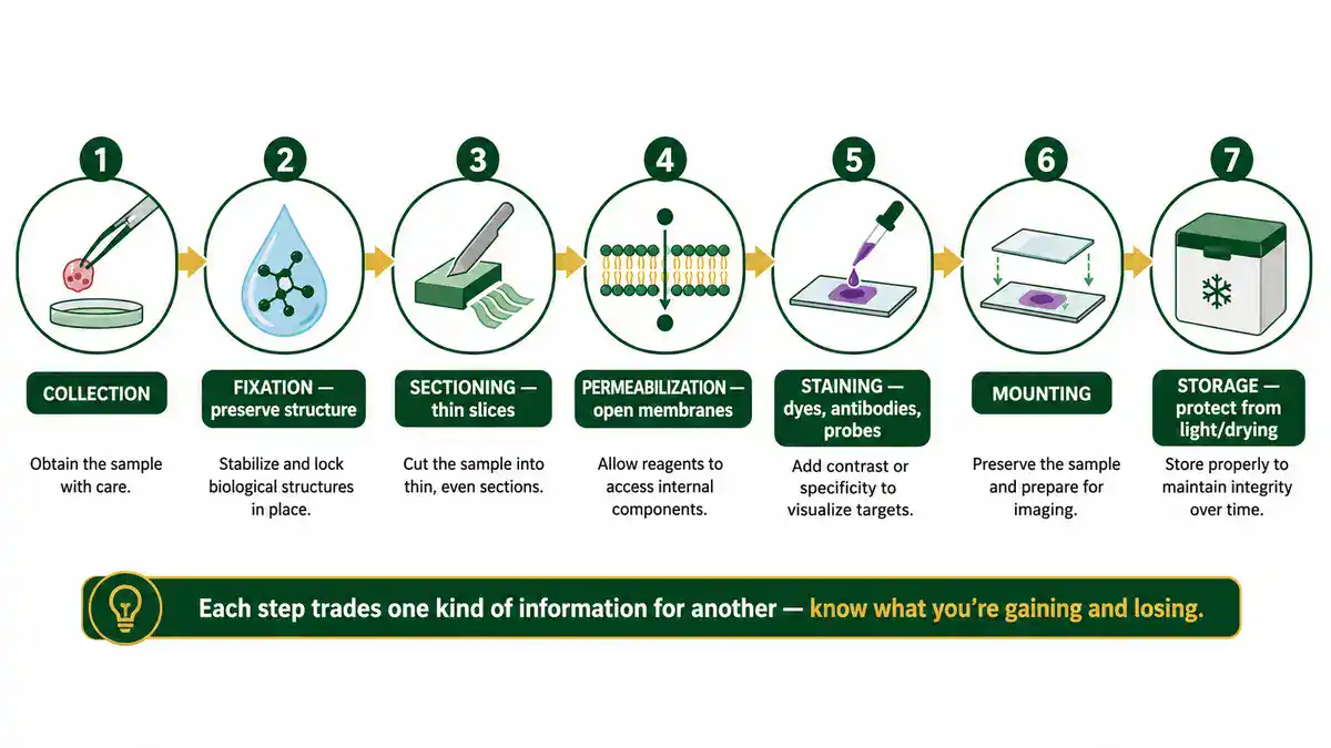 Seven-step microscopy sample preparation workflow infographic: collection, fixation, sectioning, permeabilization, staining, mounting, and storage.