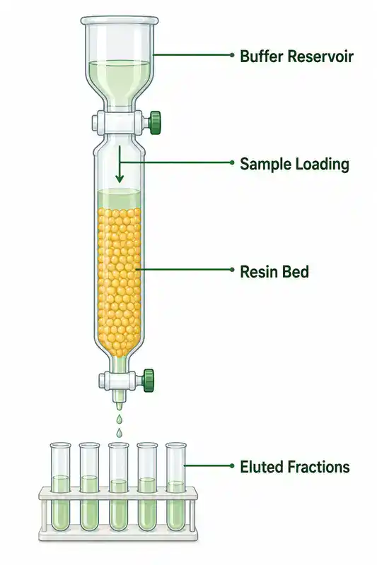 Cross-section diagram of a chromatography column showing sample loading and elution during protein purification