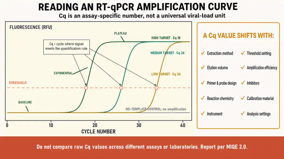 RT-qPCR amplification curve showing three sigmoidal curves crossing a fluorescence threshold at different cycles: high target at Cq 18, medium target at Cq 26, low target at Cq 34, alongside a flat no-template control with no amplification. All three curves plateau at the same height. A Cq value shifts with extraction method, elution volume, primer and probe design, reaction chemistry, instrument, threshold setting, amplification efficiency, inhibitors, calibration material and analysis settings.