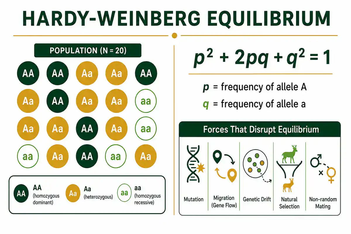 Hardy-Weinberg equilibrium infographic showing a 20-individual population genotype grid, the p²+2pq+q²=1 equation, and five forces that disrupt equilibrium: mutation, migration, genetic drift, natural selection, and non-random mating