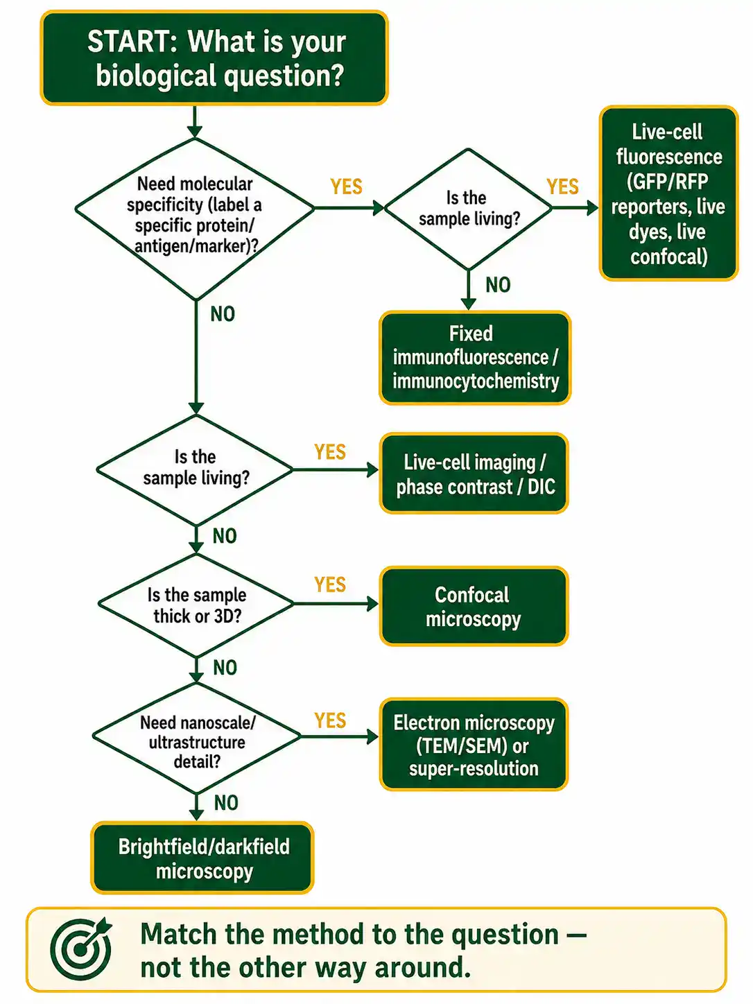 Decision-tree flowchart for choosing a microscopy method, based on whether the sample is living, needs molecular specificity, is thick or 3D, or requires nanoscale ultrastructure detail.