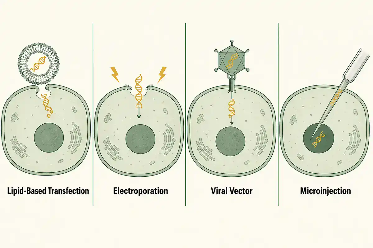 Four-panel cross-section diagram of a cell showing lipid-based transfection (a vesicle fusing with the membrane), electroporation (lightning bolts opening membrane pores), viral vector delivery (a virus particle injecting DNA), and microinjection (a needle depositing DNA directly into the nucleus)