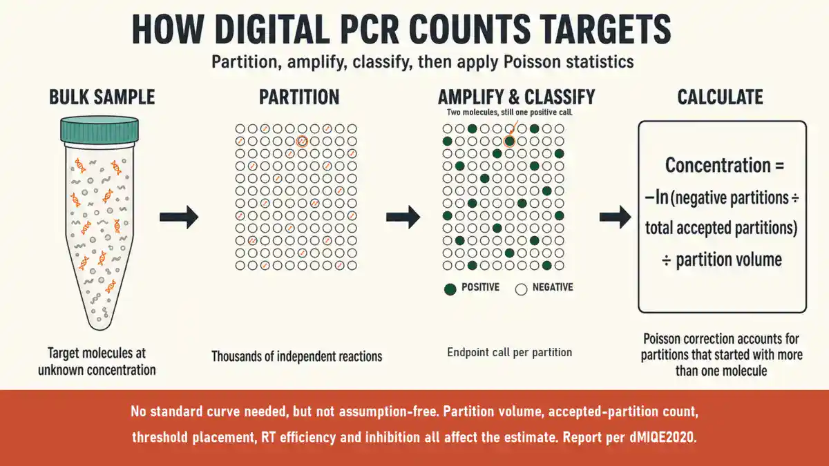 How digital PCR counts targets in four stages: a bulk sample containing target molecules at unknown concentration is split into thousands of independent partitions; each partition is amplified and given an endpoint positive or negative call; concentration is calculated as minus the natural log of negative partitions divided by total accepted partitions, divided by partition volume. A partition containing two molecules still returns a single positive call, which is why Poisson correction is applied.