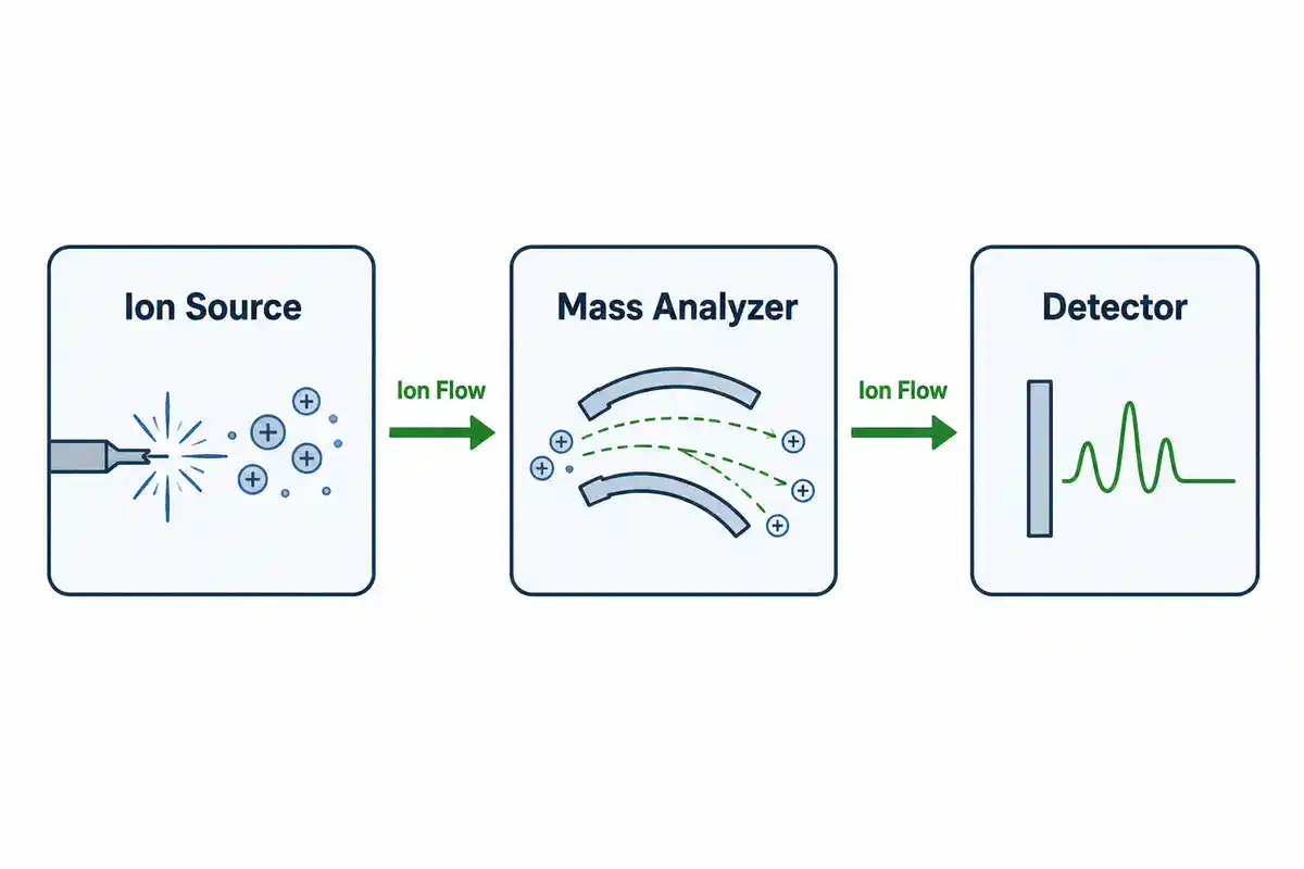 Schematic diagram of a mass spectrometer showing the ion source, mass analyzer, and detector