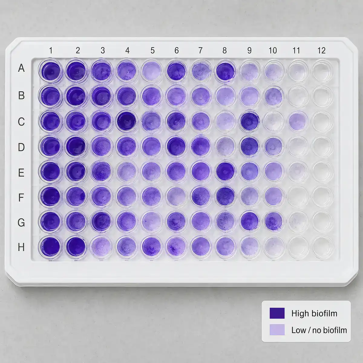 96-well microtiter plate stained with crystal violet showing high and low bacterial biofilm biomass by well