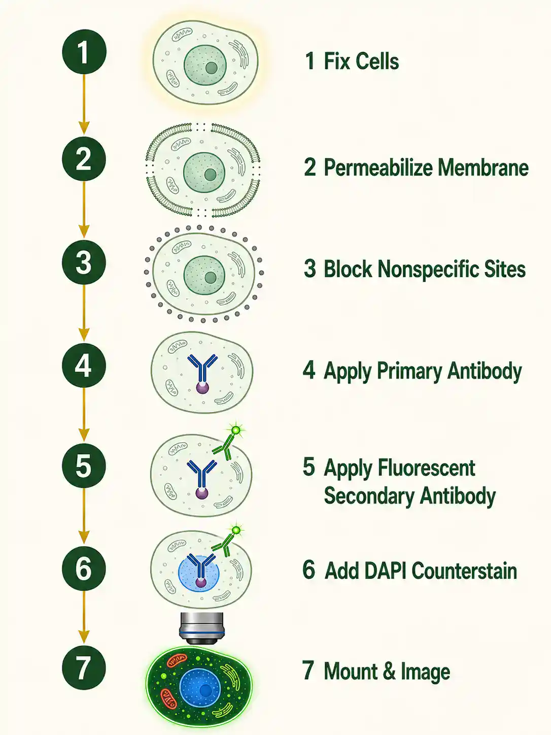 Seven-step vertical flow diagram of cell fixation, membrane permeabilization, blocking, primary antibody binding, fluorescent secondary antibody binding, DAPI nuclear counterstaining, and a final mounted cell glowing green, blue, and red under a microscope objective icon