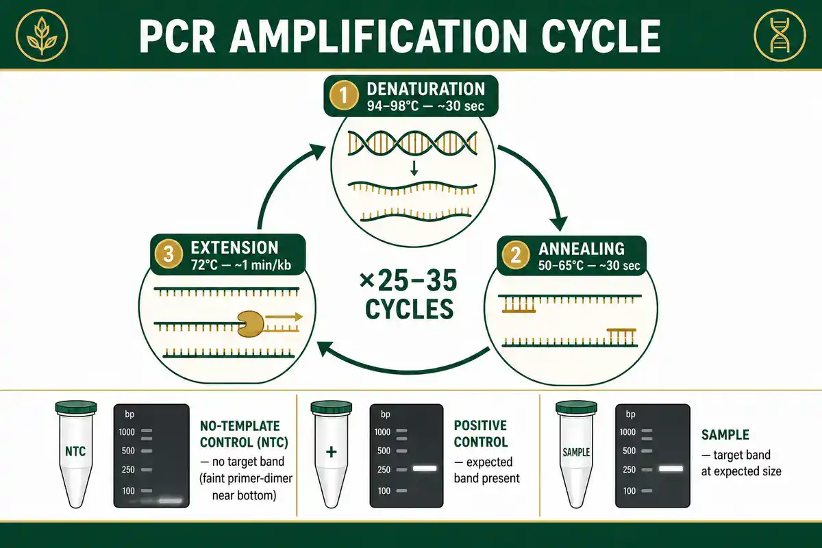 PCR amplification cycle infographic showing the three-step thermal cycle, denaturation, annealing, extension. with gel results for no-template, positive, and sample controls