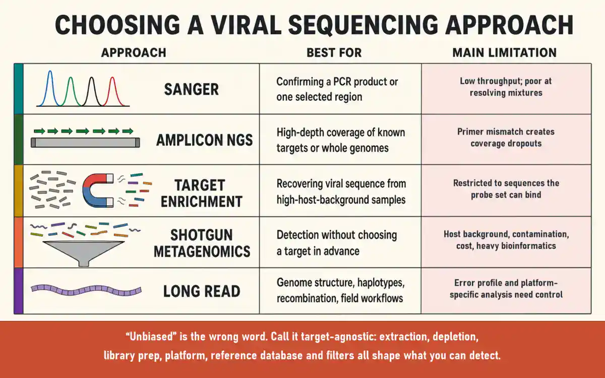Comparison of five viral sequencing approaches: Sanger, amplicon NGS, target enrichment, shotgun metagenomics and long read, each with what it is best suited for and its main limitation. Full details appear in the table below.