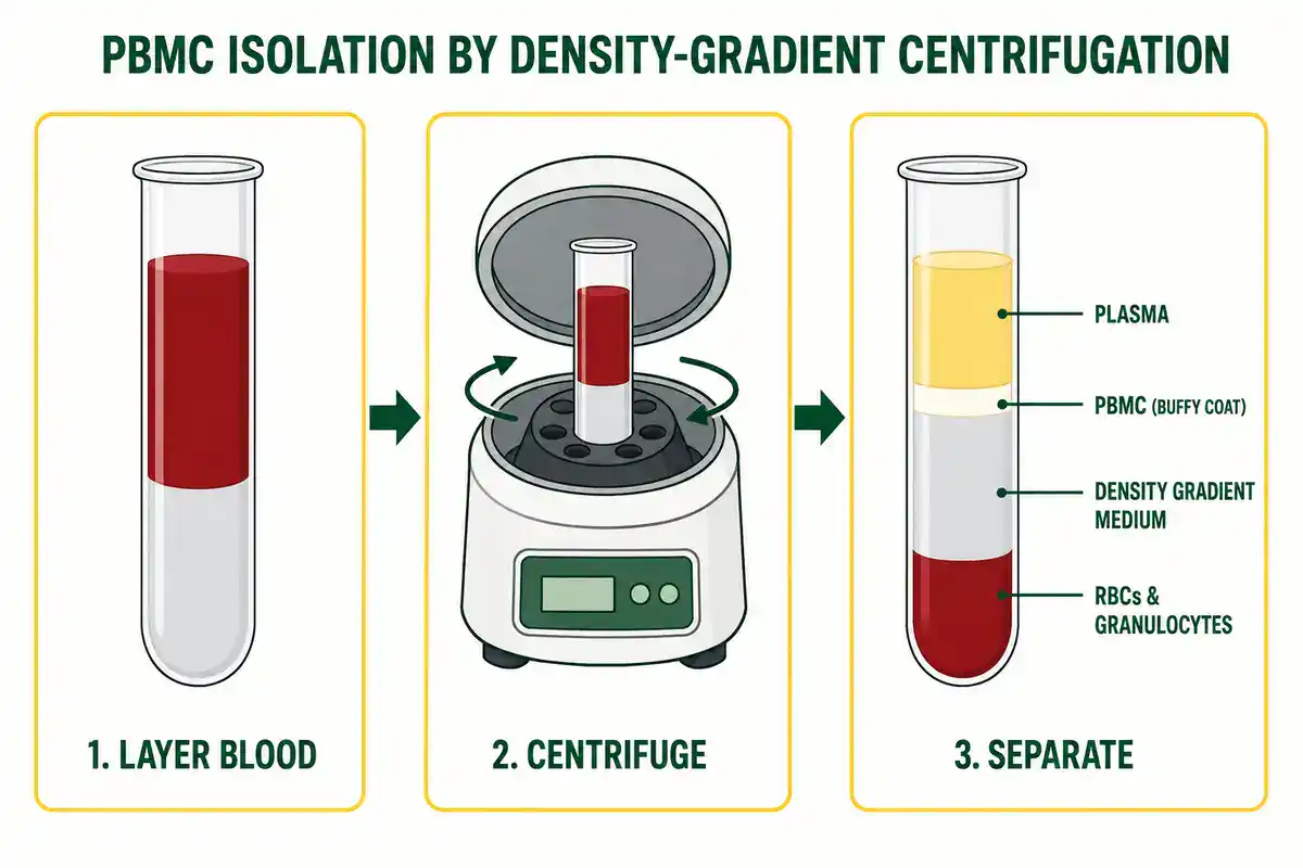 Diagram of PBMC isolation by density-gradient centrifugation showing plasma, PBMC buffy coat, separation medium, and red blood cell layers in a test tube