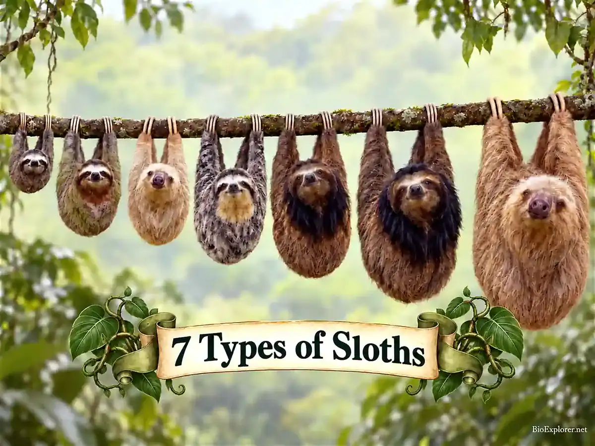 7 types of sloths hanging from a branch, from the small pygmy three-toed sloth to the large Linnaeus's two-toed sloth