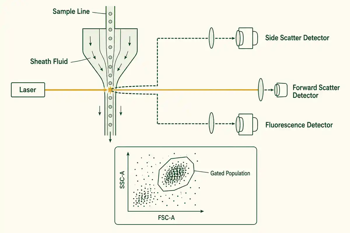 Side-view schematic of a flow cytometer's fluidics and optics showing the sample line, sheath fluid funnel, laser intersecting the stream, in-line forward scatter detector, right-angle side scatter and fluorescence detectors, and an inset FSC-A/SSC-A dot plot with a gated population outlined