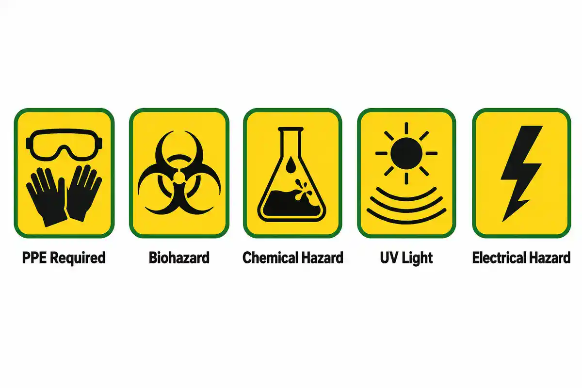 Icon strip of biochemistry lab safety symbols: PPE, biohazard, chemical hazard, UV light, and electrical hazard