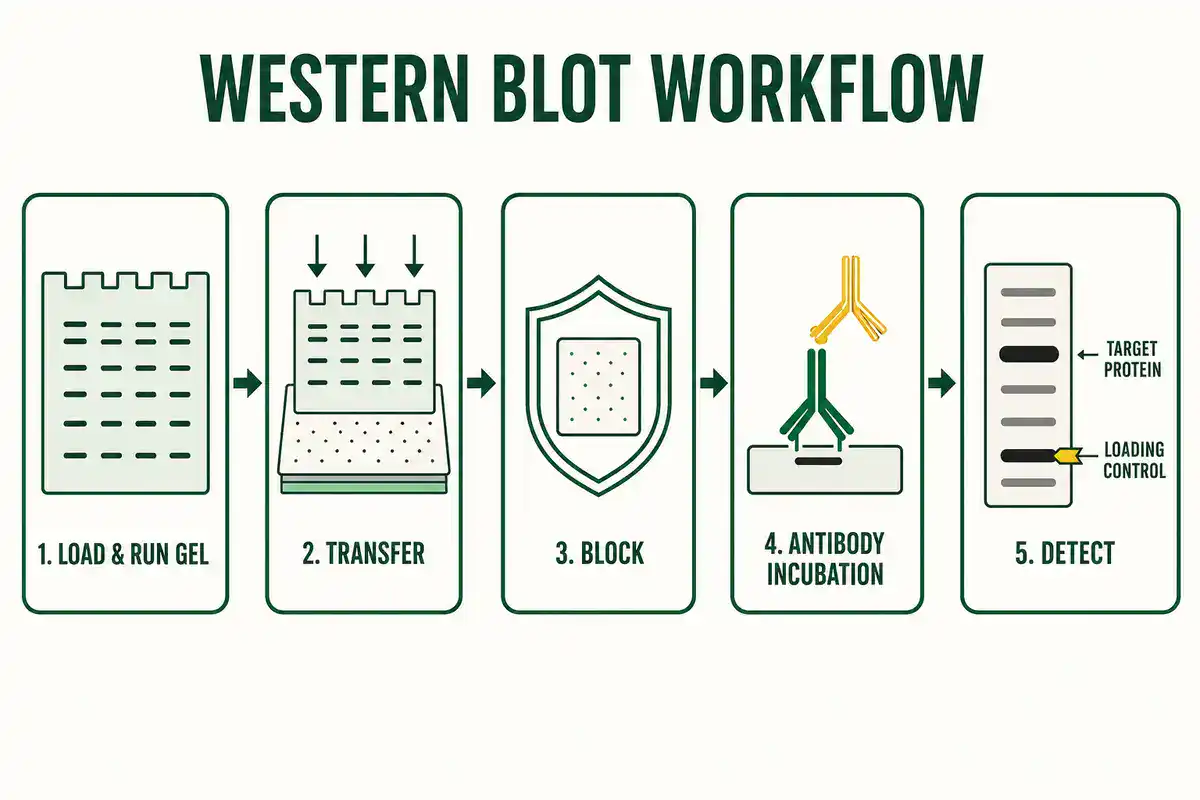 Five-step western blot workflow diagram showing gel electrophoresis, membrane transfer, blocking, antibody incubation, and band detection with a loading=