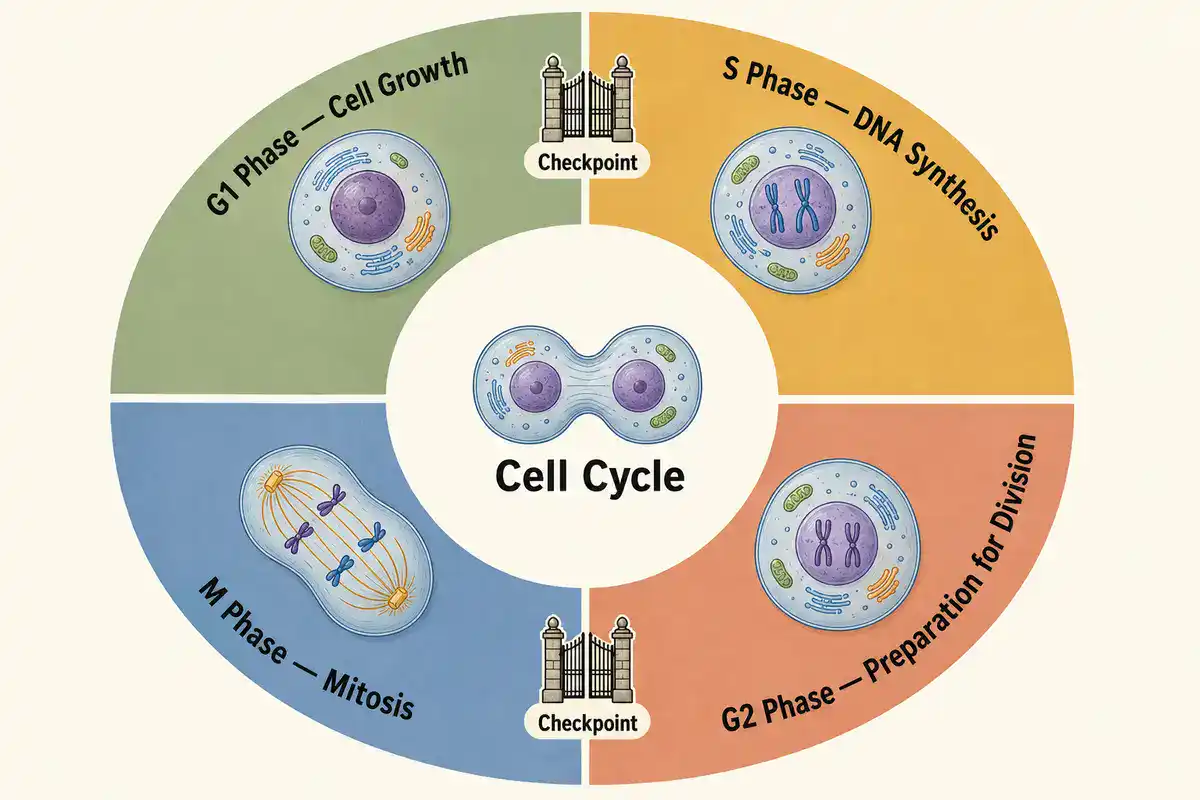 Circular cell cycle diagram divided into four color-coded arcs labeled G1 Phase-Cell Growth, S Phase-DNA Synthesis, G2 Phase-Preparation for Division, and M Phase-Mitosis, each with an illustrated cell, plus checkpoint gate icons between G1/S and G2/M