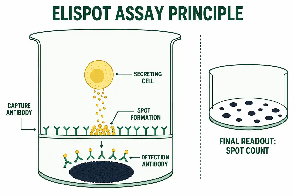 Diagram of the ELISpot assay showing a cytokine-secreting cell, capture antibody membrane, and resulting spot formation used to count antigen-specific cells