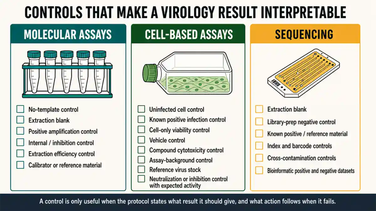 Controls that make a virology result interpretable, in three groups. Molecular assays: no-template control, extraction blank, positive amplification control, internal or inhibition control, extraction efficiency control, calibrator or reference material. Cell-based assays: uninfected cell control, known positive infection control, cell-only viability control, vehicle control, compound cytotoxicity control, assay-background control, reference virus stock, neutralization or inhibition control with expected activity. Sequencing: extraction blank, library-prep negative control, known positive or reference material, index and barcode controls, cross-contamination controls, bioinformatic positive and negative datasets.