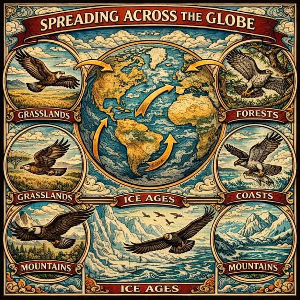 Spreading across the globe illustration showing Accipitriformes migration from Africa to Eurasia, the Americas, and Australia, with adaptations to grasslands, forests, coasts, mountains, and ice ages