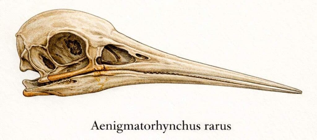 Scientific illustration of the skull of Aenigmatorhynchus rarus highlighting its extremely long, straight beak.
