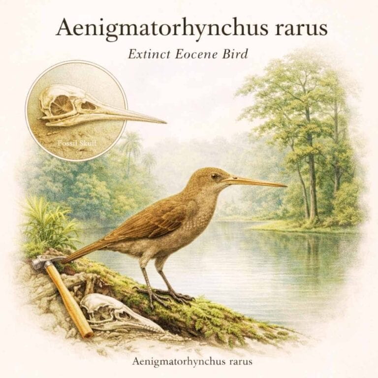 Aenigmatorhynchus rarus illustrated in an Eocene forest near Messel, Germany, showing a small extinct bird with a very long, narrow beak.